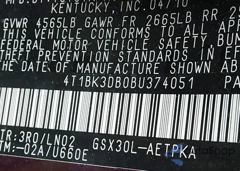 2011 Toyota Avalon Limited z USA, uszkodzony, nr VIN 4T1BK3DB0BU374051